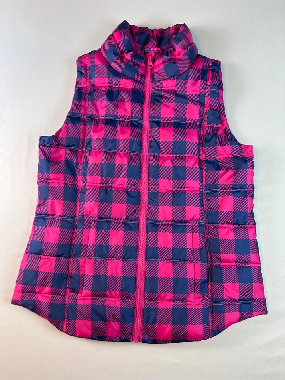 SO Girls Pink Navy Plaid Quilted Puffer Vest Sleeveless